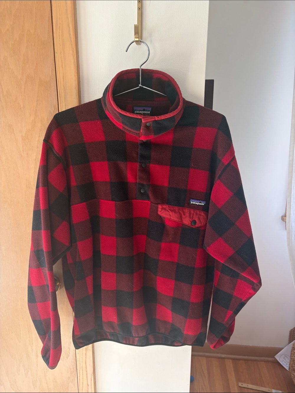 Patagonia Men’s Red and Black Buffalo Plaid Snap-T Fleece